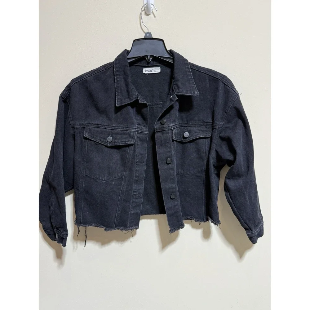 Lia Cher Women's Black Denim Jean Jacket Raw Hem Collared Pockets L 12-14 - Picture 1 of 9